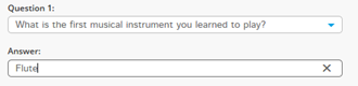 Screenshot of Question 1 - What is the first musical instrument you learned to play. Answer is Flute.